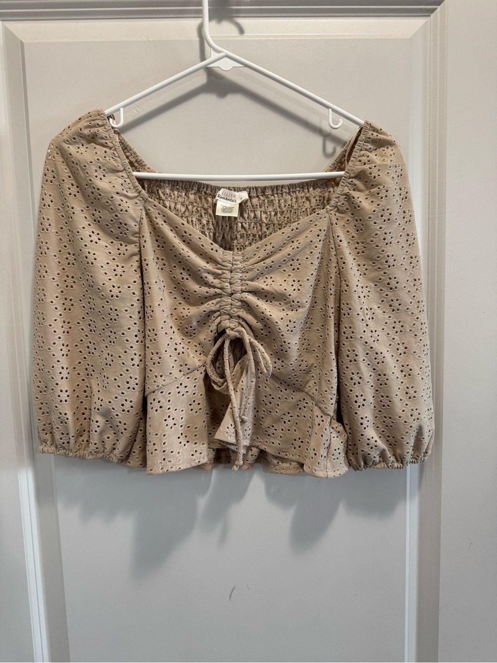 & Other Stories Taupe Eyelet Ruched Crop Top